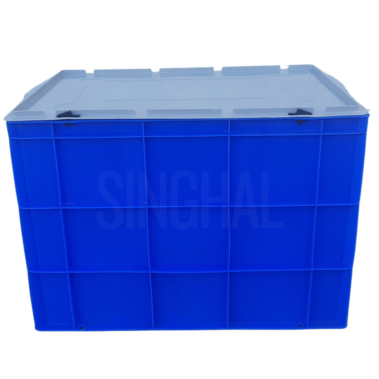 SINGHAL Blue Plastic Crate with Lid 600x400x425 MM, Heavy Duty Multipurpose Portable Storage Basket for Vegetables, Fruits, Milk & Large Items