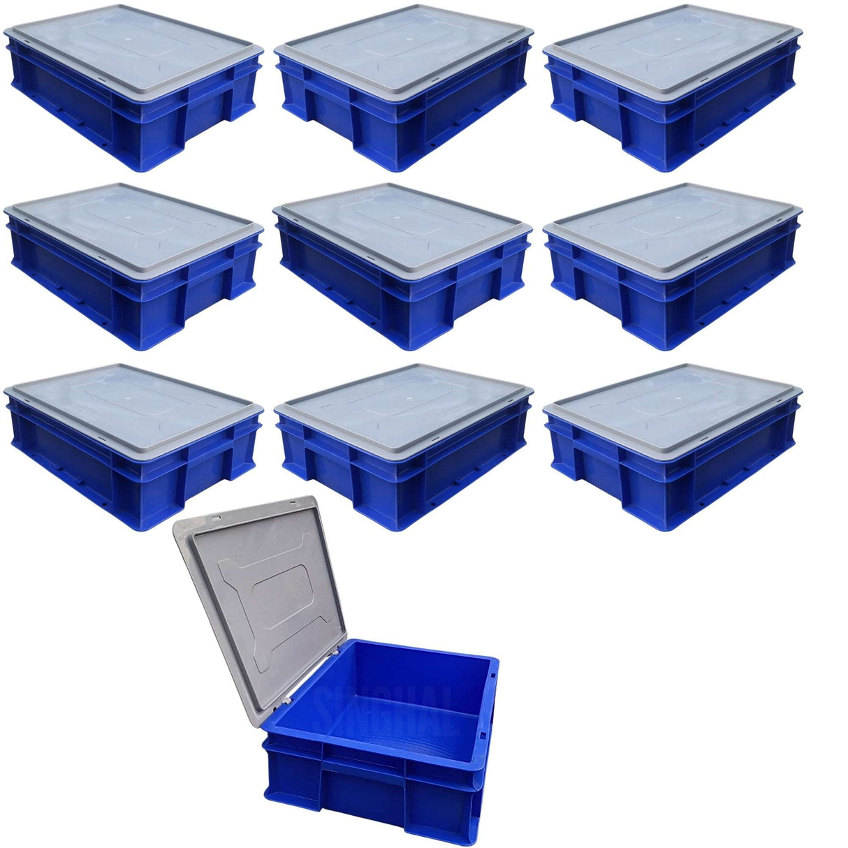 SINGHAL Blue Plastic Crate 400x300x120 MM with Lid, Heavy Duty Portable Storage Basket for Vegetables, Fruits, Milk & More | Multipurpose Shelf Bin