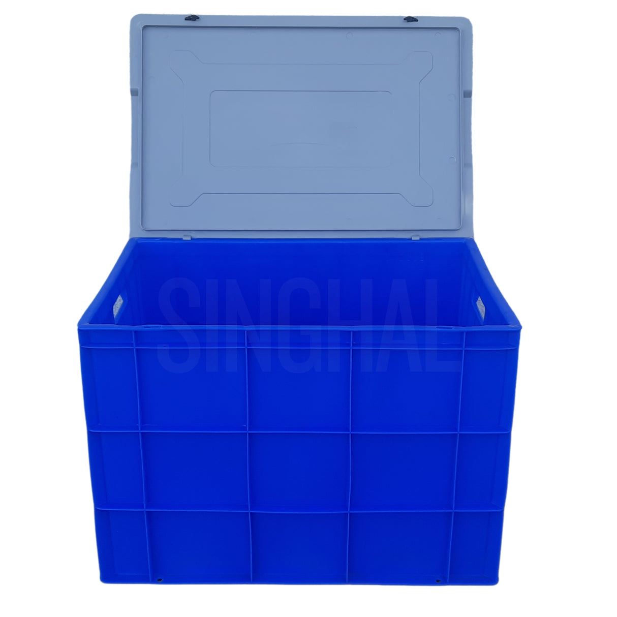 SINGHAL Blue Plastic Crate with Lid 600x400x425 MM, Heavy Duty Multipurpose Portable Storage Basket for Vegetables, Fruits, Milk & Large Items