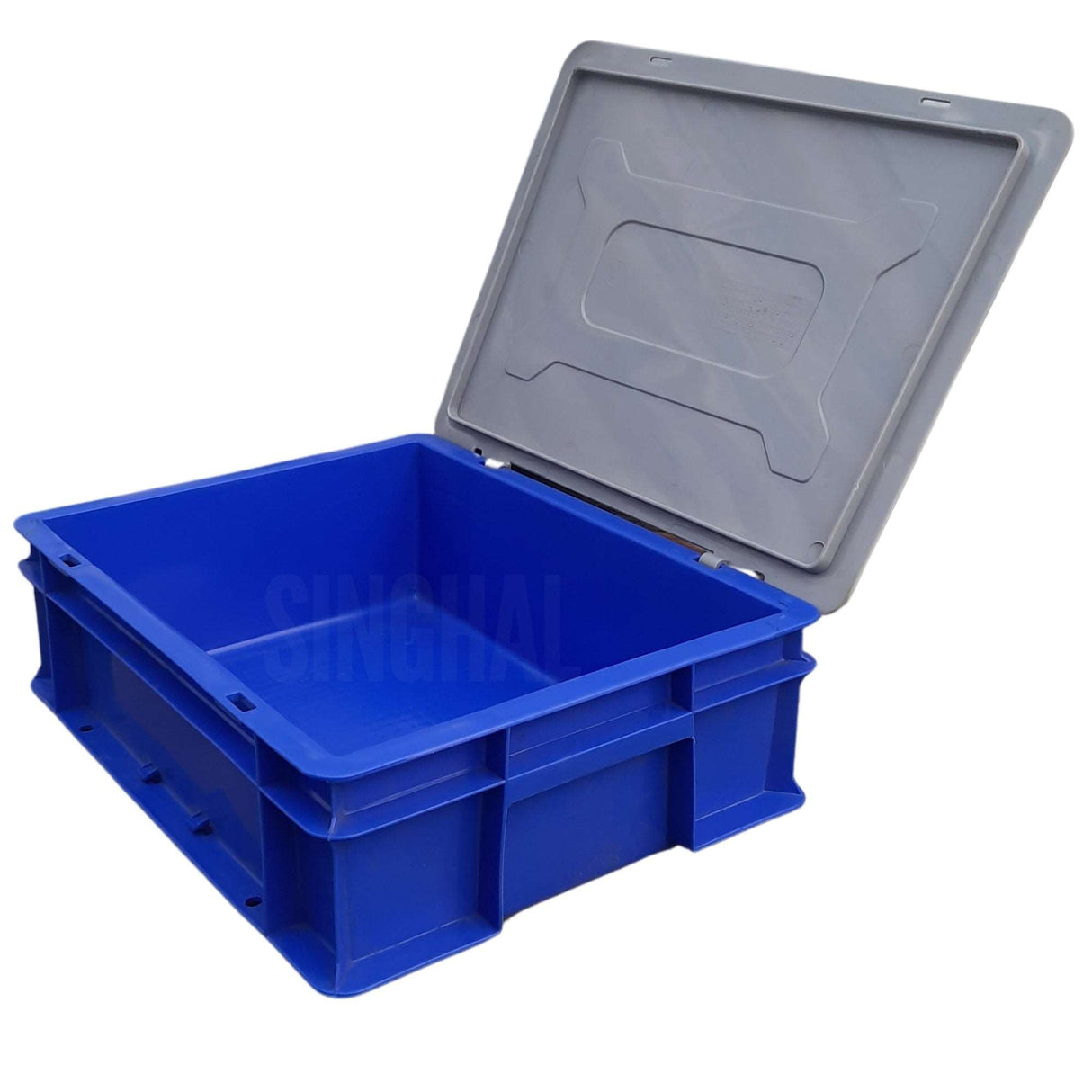 SINGHAL Blue Plastic Crate 400x300x120 MM with Lid, Heavy Duty Portable Storage Basket for Vegetables, Fruits, Milk & More | Multipurpose Shelf Bin