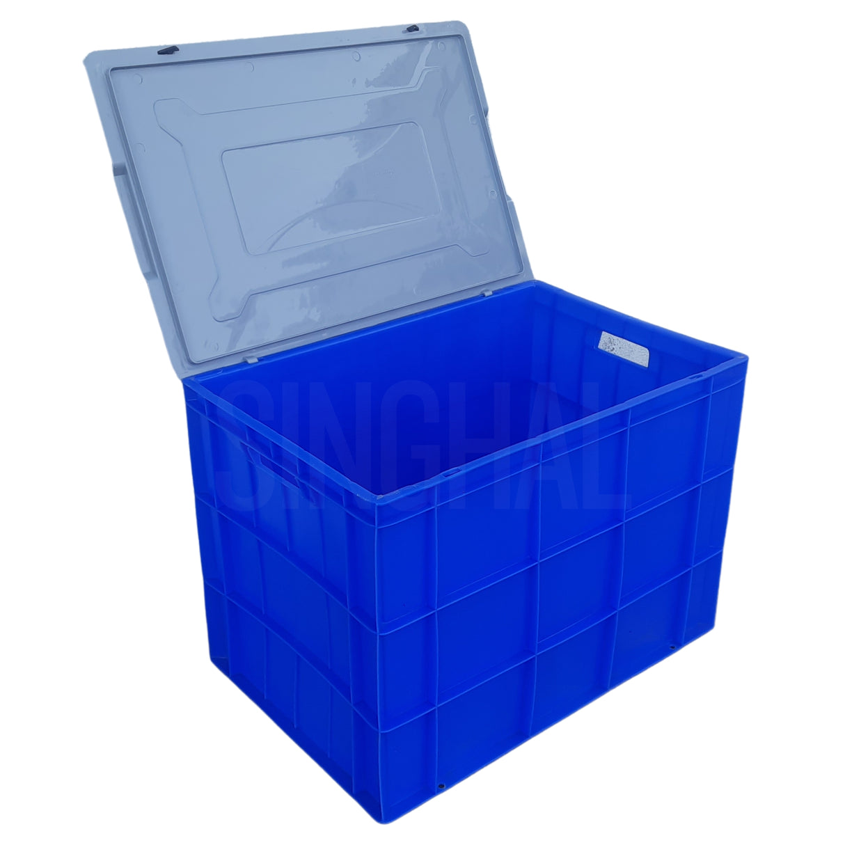 SINGHAL Blue Plastic Crate with Lid 600x400x425 MM, Heavy Duty Multipurpose Portable Storage Basket for Vegetables, Fruits, Milk & Large Items