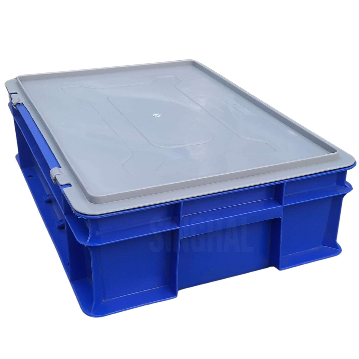 SINGHAL Blue Plastic Crate 400x300x120 MM with Lid, Heavy Duty Portable Storage Basket for Vegetables, Fruits, Milk & More | Multipurpose Shelf Bin