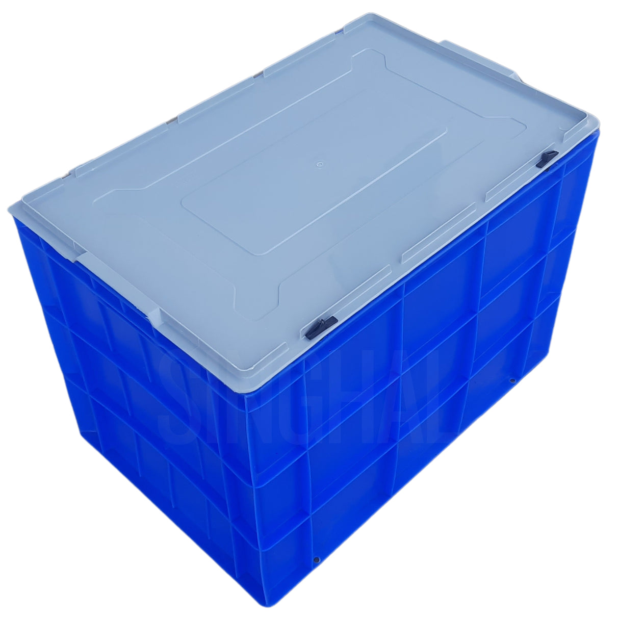 SINGHAL Blue Plastic Crate with Lid 600x400x425 MM, Heavy Duty Multipurpose Portable Storage Basket for Vegetables, Fruits, Milk & Large Items