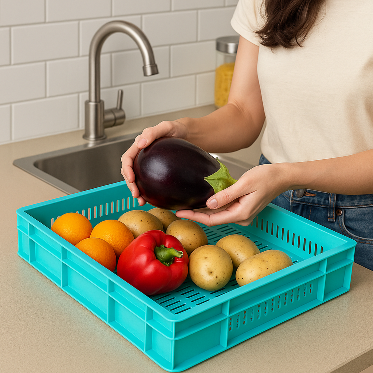 SINGHAL Plastic Jali Crate 600x400x80 MM, Heavy Duty Multipurpose Portable Storage Basket for Vegetables, Fruits, Milk & Large Items