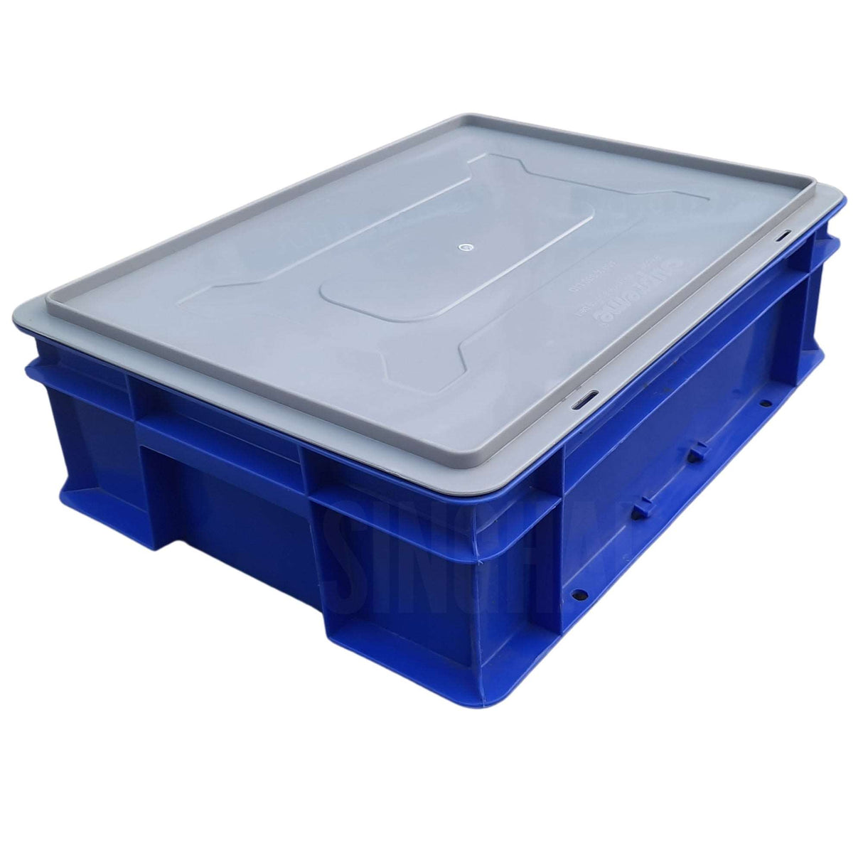 SINGHAL Blue Plastic Crate 400x300x120 MM with Lid, Heavy Duty Portable Storage Basket for Vegetables, Fruits, Milk & More | Multipurpose Shelf Bin
