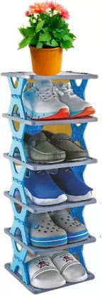 Adjustable Folding Shoe Rack - 6-Layer Collapsible Stand in Blue and Black, Easy Assembly, DIY Design for Stylish Storage Solutions. - Singhal Mart