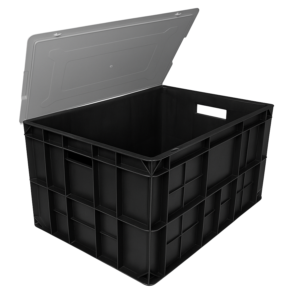 Singhal Black Plastic Crate with lid - Multipurpose Storage Basket Bin with lid (500x325x250 MM)