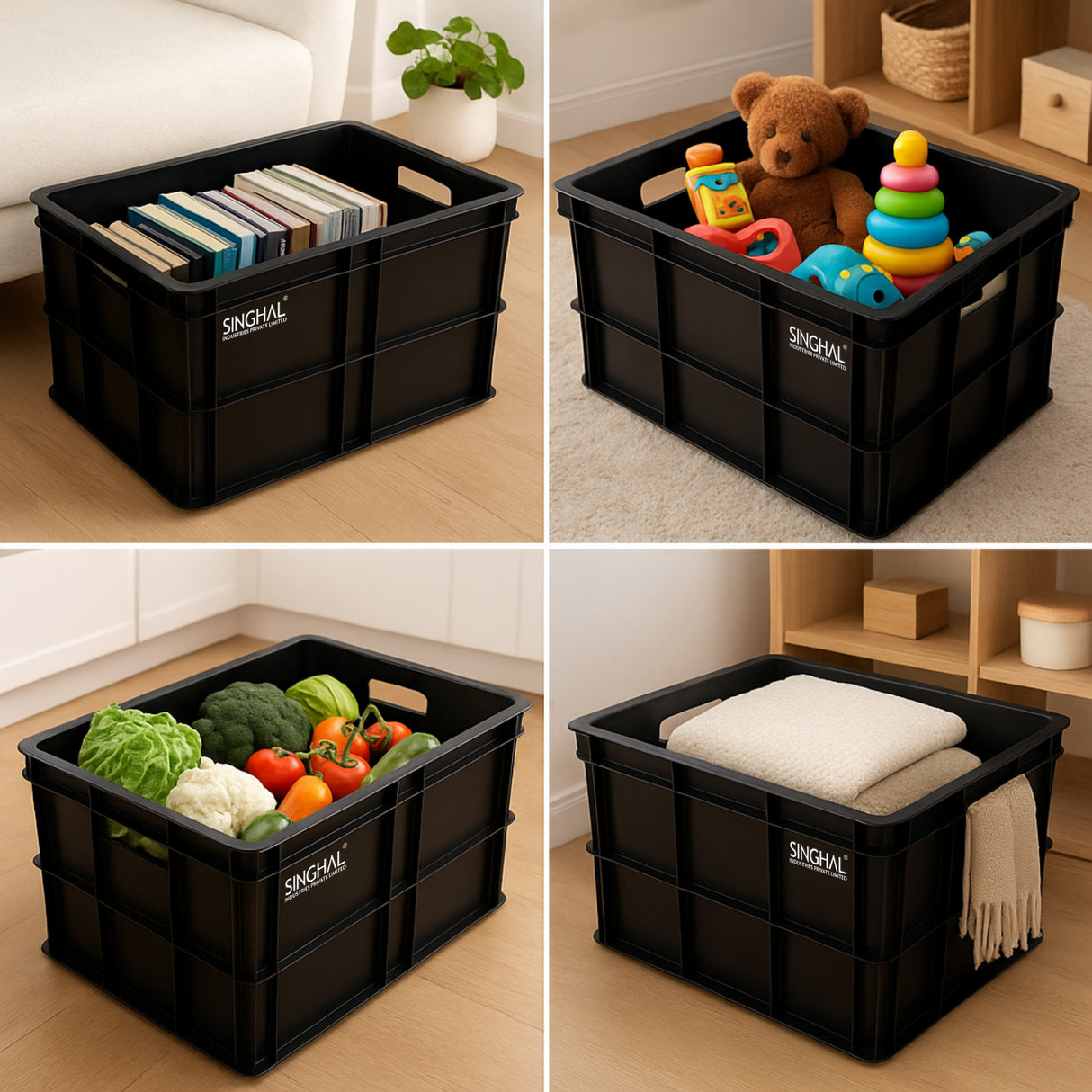 Singhal Black Plastic Crate - Multipurpose Storage Basket Bin (500x325x250 MM)