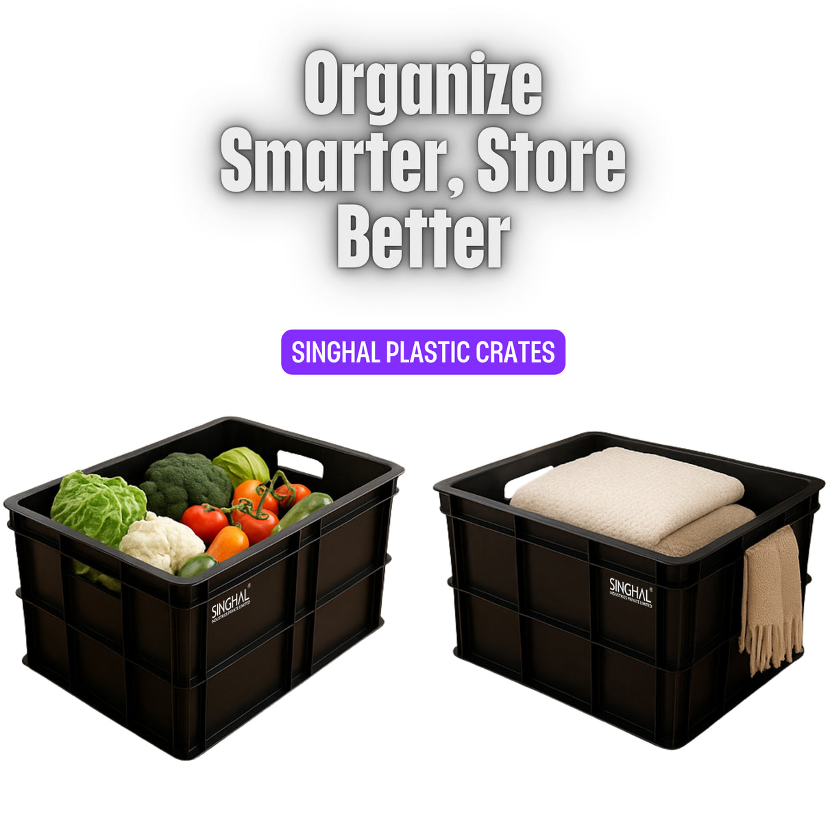 Singhal Black Plastic Crate - Multipurpose Storage Basket Bin (500x325x250 MM)