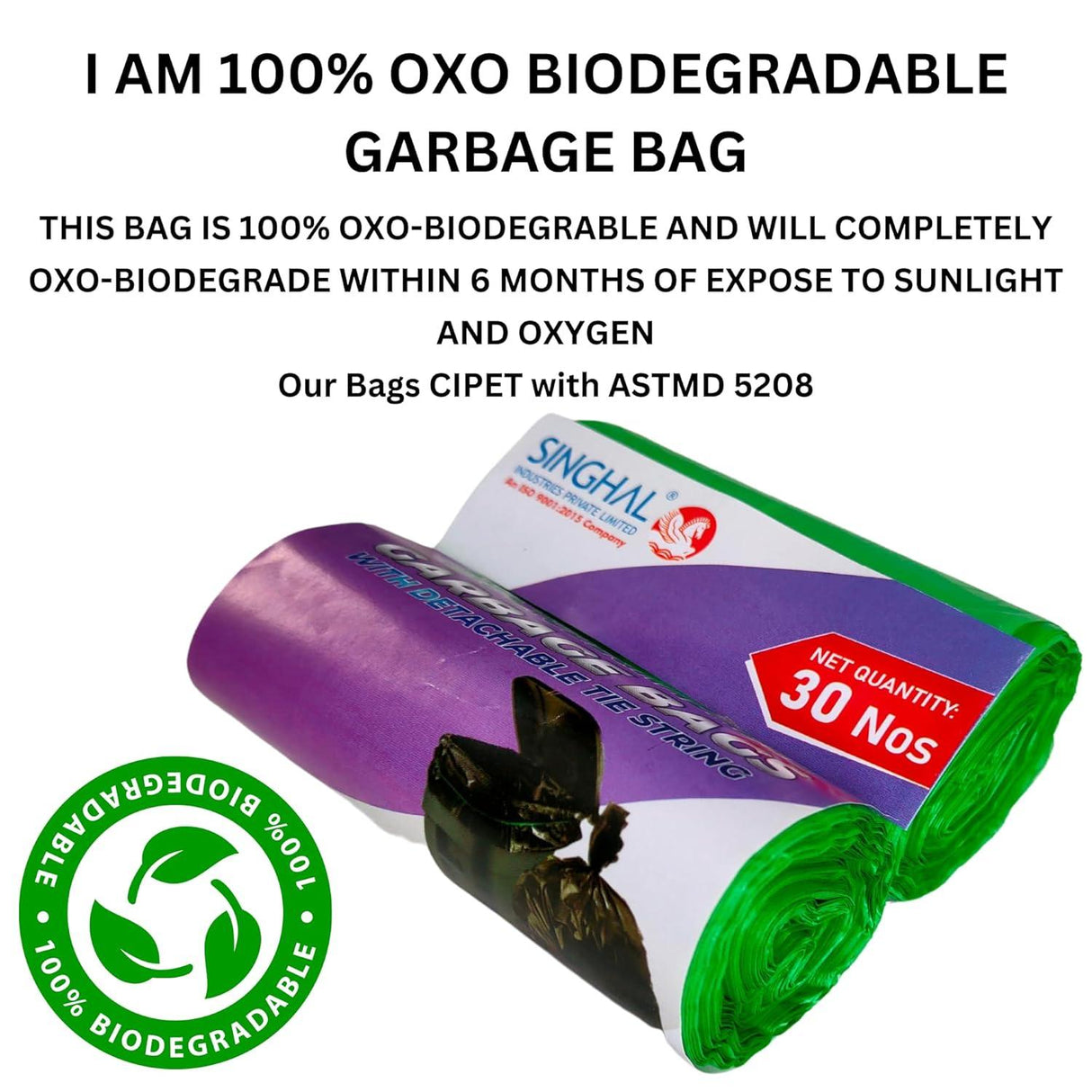 Compostable Garbage Bags 17x19 Inches, Small Size | 90 Bags (3 Rolls) Green Trash Bags with Easy Tie-Tapes for Dustbins - Singhal Mart
