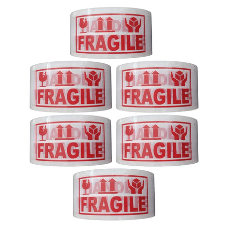 Handle with Care Fragile Tape – 6 Rolls, 48mm x 65m each, for secure packaging with bold printed warnings for safe delivery and handling. - Singhal Mart
