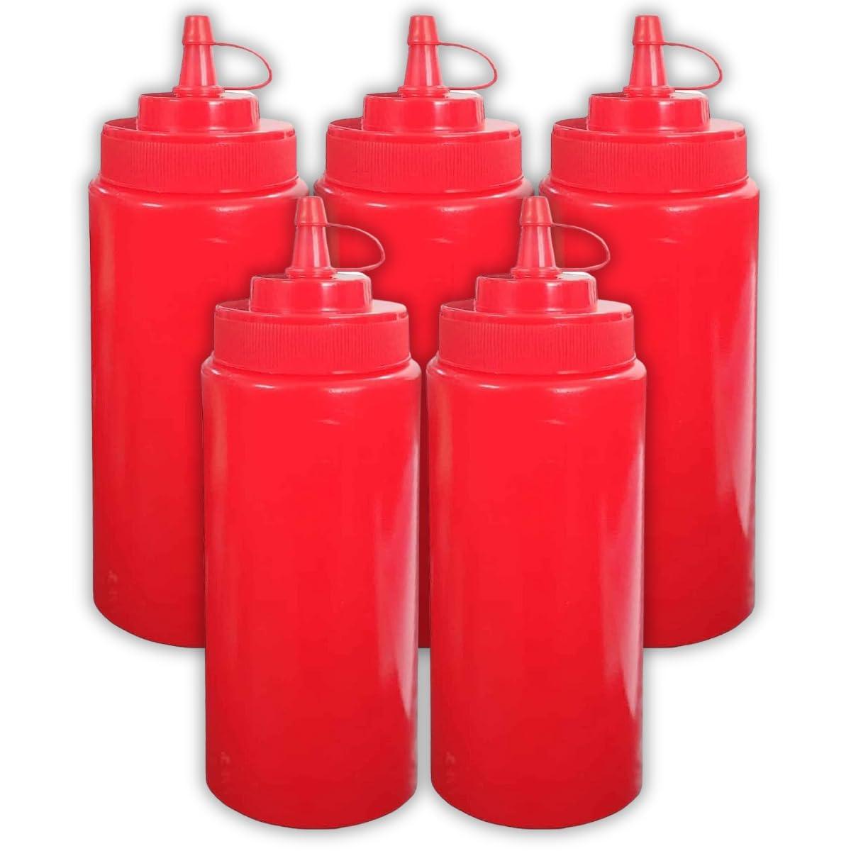 Ketchup Dispenser Bottle, 360 ML Red – Pack of 5 Plastic Squeeze Bottles with Caps for Mustard and Sauces, Great for Home, Dining, and Cafes - Singhal Mart