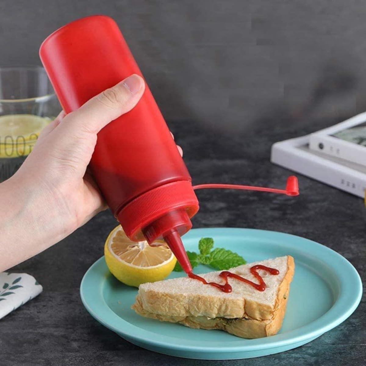 Ketchup Dispenser Bottle, 360 ML Red – Pack of 5 Plastic Squeeze Bottles with Caps for Mustard and Sauces, Great for Home, Dining, and Cafes - Singhal Mart