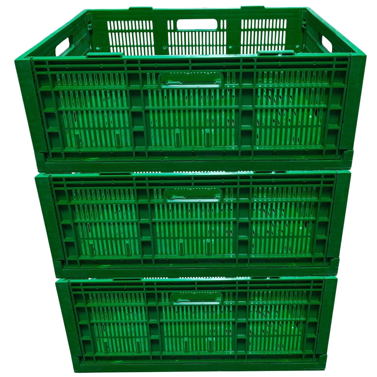 Pack of 3 SINGHAL Stackable Plastic Storage Crates - Foldable Multipurpose Baskets, 500x325x200 mm, Green - Singhal Mart
