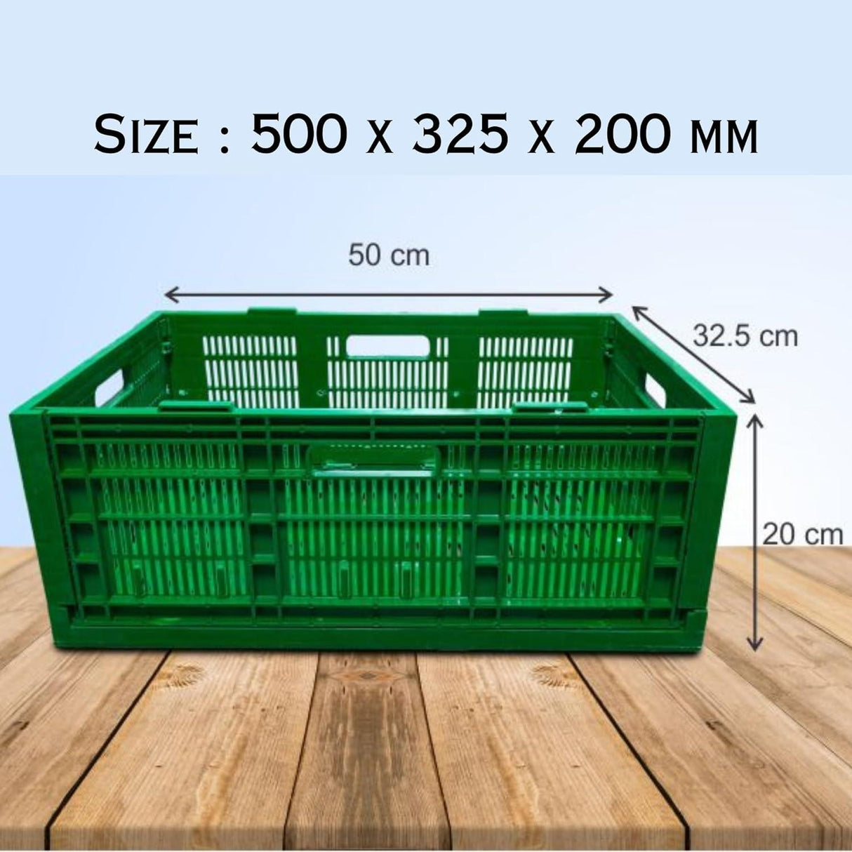 Pack of 3 SINGHAL Stackable Plastic Storage Crates - Foldable Multipurpose Baskets, 500x325x200 mm, Green - Singhal Mart