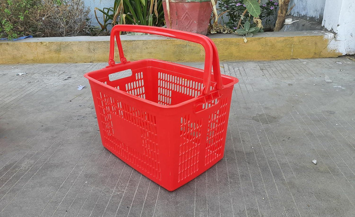 Portable Rectangular Plastic Shopping Basket with Handle – Red, Perfect for Grocery and Vegetable Shopping, Durable and Convenient - Singhal Mart