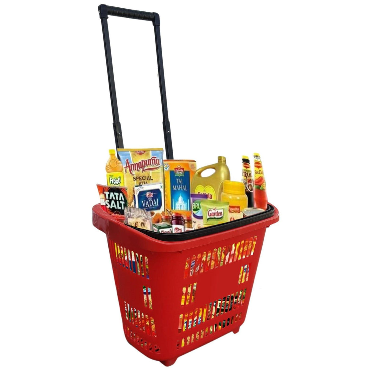 Red Plastic Rolling Shopping Basket with Handle and Wheels, 46x35x40 CM, 35L Capacity – Perfect for Supermarkets and Grocery Runs - Singhal Mart