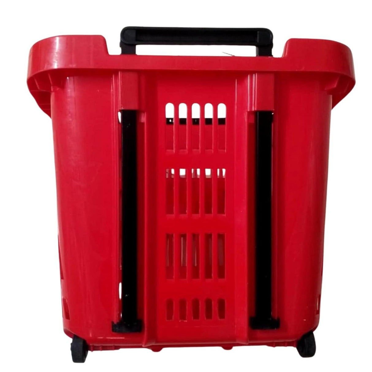 Red Plastic Rolling Shopping Basket with Handle and Wheels, 46x35x40 CM, 35L Capacity – Perfect for Supermarkets and Grocery Runs - Singhal Mart