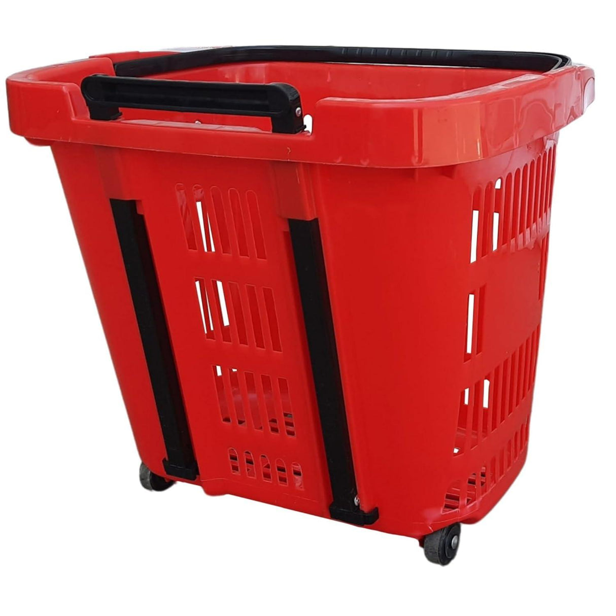 Red Plastic Rolling Shopping Basket with Handle and Wheels, 46x35x40 CM, 35L Capacity – Perfect for Supermarkets and Grocery Runs - Singhal Mart