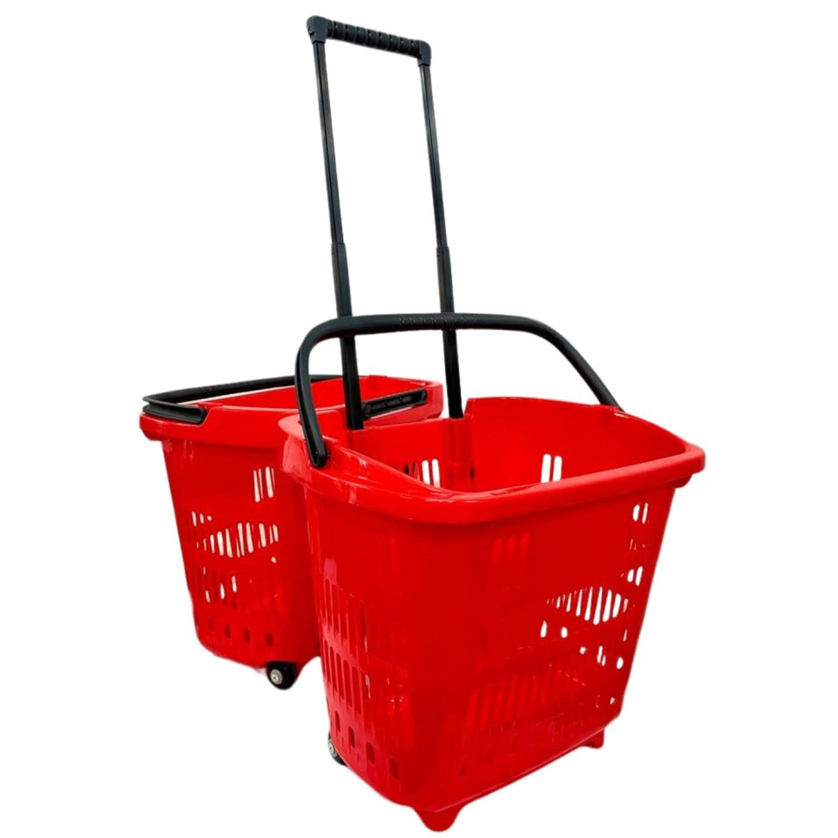 Red Plastic Rolling Shopping Basket with Handle and Wheels, 46x35x40 CM, 35L Capacity – Perfect for Supermarkets and Grocery Runs - Singhal Mart