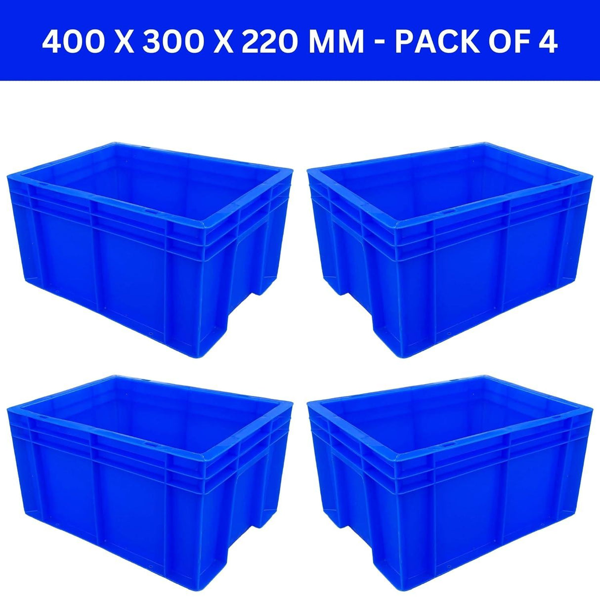 SINGHAL Blue Heavy-Duty Plastic Crates, 40x30x22 CM, Set of 4 – Versatile Storage Baskets for Vegetables, Fruits, Milk, and More - Singhal Mart