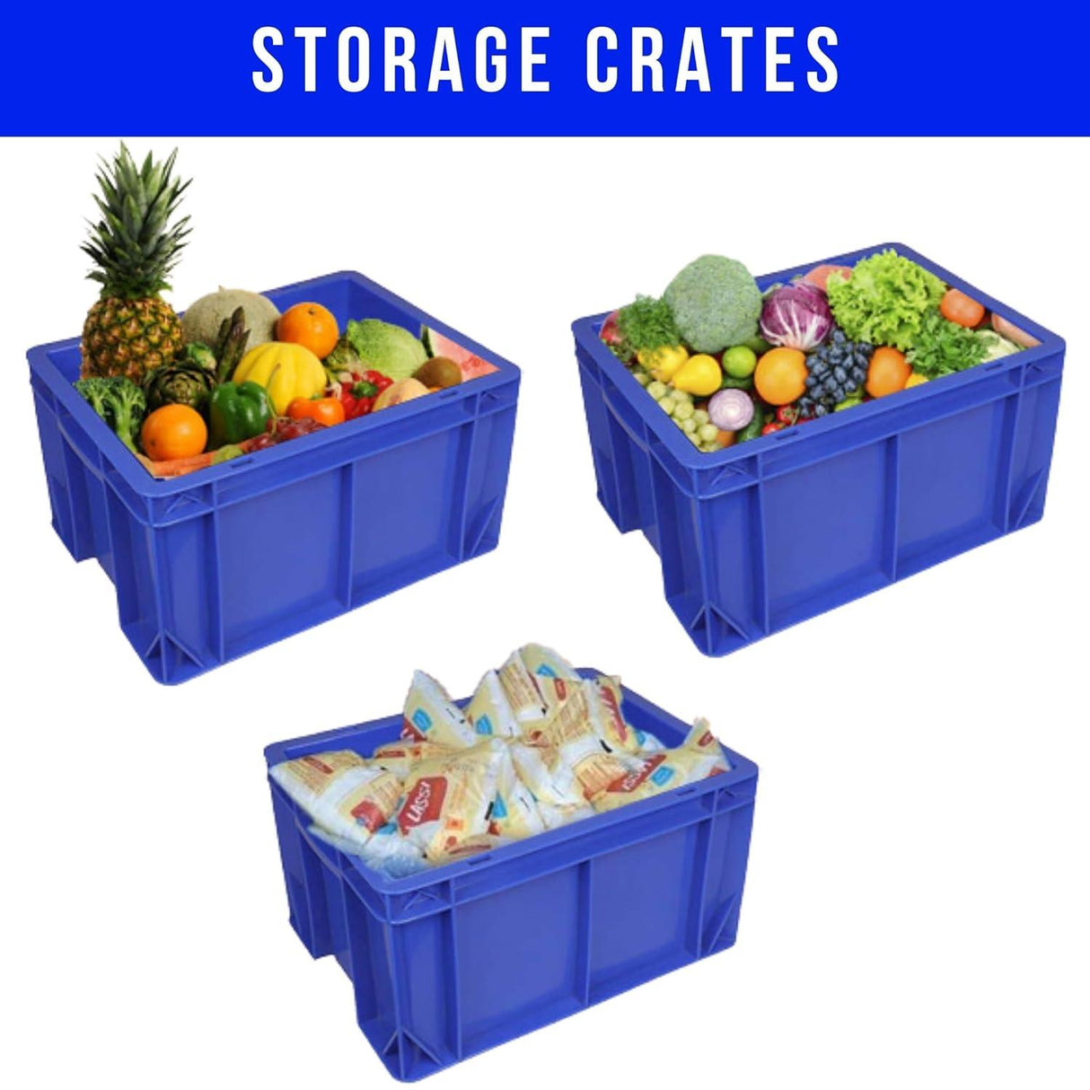 SINGHAL Heavy-Duty Blue Plastic Crates (40x30x22 cm) - Pack of 6 | Versatile Storage Baskets for Vegetables, Fruits, Milk, and More - Singhal Mart