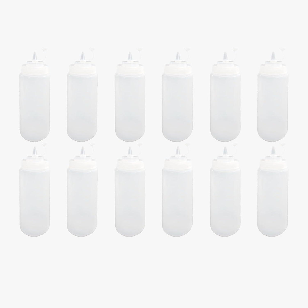 Set of 12 plastic squeeze bottles with caps, perfect for ketchup, mustard, and sauces. Each bottle holds 150 ML for easy dispensing - Singhal Mart
