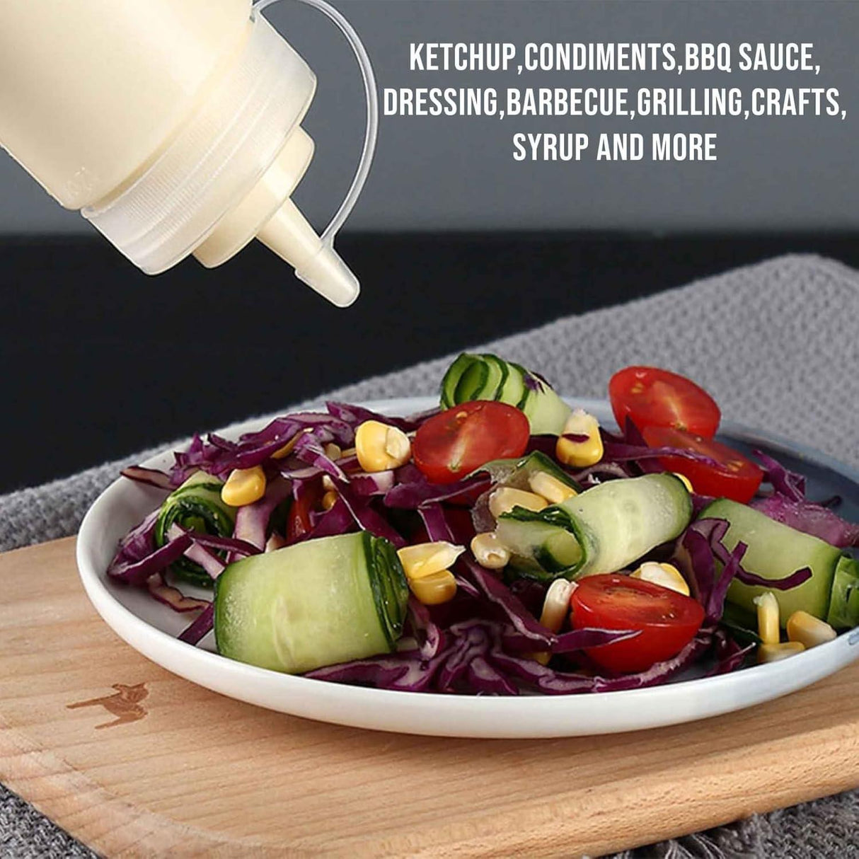 Set of 12 plastic squeeze bottles with caps, perfect for ketchup, mustard, and sauces. Each bottle holds 150 ML for easy dispensing - Singhal Mart