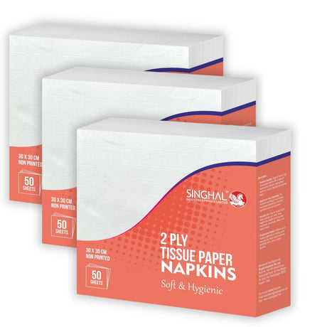 Singhal 2 Ply Plain Tissue Paper Napkins, 30x30 CM - Pack of 3, 50 Pulls Per Pack, 150 Sheets Total - Singhal Mart