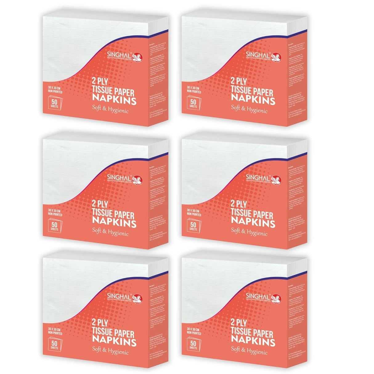 Singhal 2 Ply Plain Tissue Paper Napkins, 30x30 CM - Pack of 6, 50 Pulls Per Pack, 300 Sheets Total for Home and Events - Singhal Mart