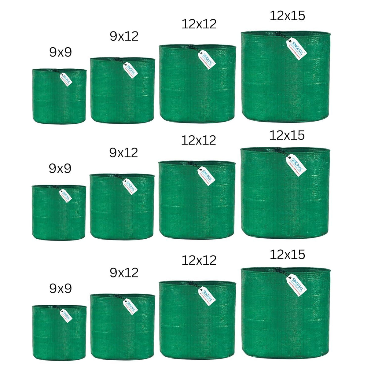 Singhal HDPE UV-Protected Round Plant Grow Bags Combo - 9x9, 9x12, 12x12, 12x15 Inch (Pack of 12 Bags, 3 Bags Each Size) for Terrace and Vegetable Gardening - Singhal Mart
