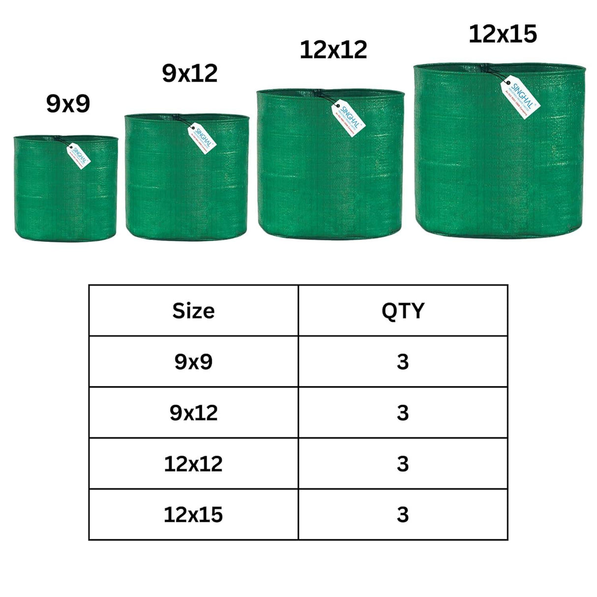 Singhal HDPE UV-Protected Round Plant Grow Bags Combo - 9x9, 9x12, 12x12, 12x15 Inch (Pack of 12 Bags, 3 Bags Each Size) for Terrace and Vegetable Gardening - Singhal Mart