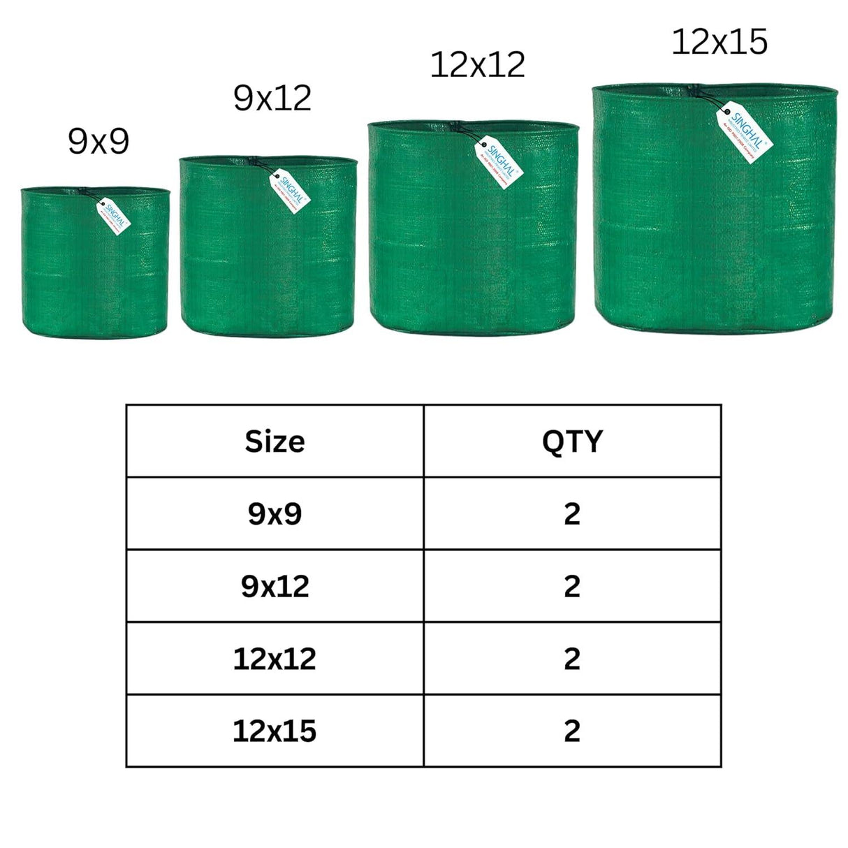 Singhal HDPE UV-Protected Round Plant Grow Bags Set – 2 Bags Each of 9x9, 9x12, 12x12, and 12x15 Inches (Total of 8 Bags) for Terrace and Vegetable Gardening - Singhal Mart