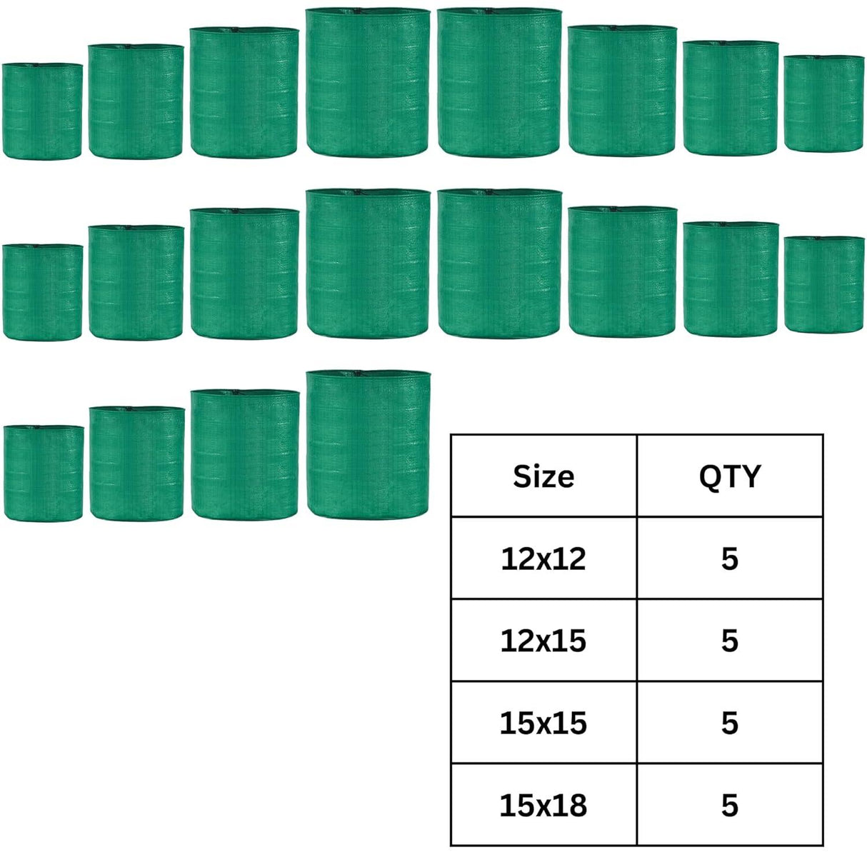 Singhal HDPE UV-Resistant Round Grow Bags Set - Includes 12x12, 12x15, 15x15, 15x18 Inch Sizes, 5 Bags of Each Size (Pack of 20) for Terrace and Vegetable Gardening - Singhal Mart