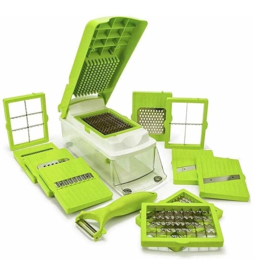 Singhal Multipurpose Chopper, Fruits & Vegetable Cutters, Grater Peeler Chipser, Unbreakable Food Grade Body, Easy Push to Clean Button Slicer Dicer, Chopper for Kitchen (Green, Plastic)
