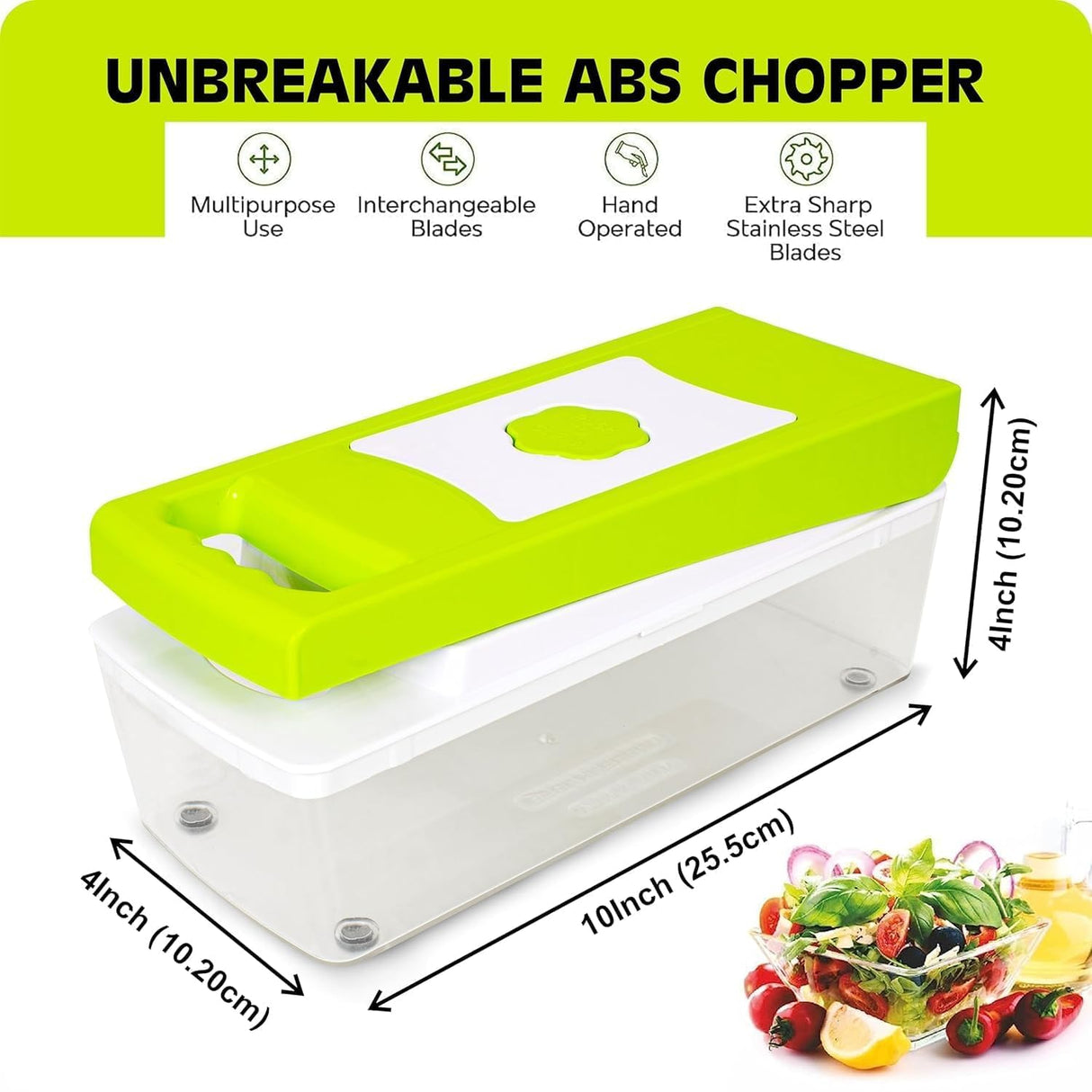 Singhal Multipurpose Chopper, Fruits & Vegetable Cutters, Grater Peeler Chipser, Unbreakable Food Grade Body, Easy Push to Clean Button Slicer Dicer, Chopper for Kitchen (Green, Plastic)