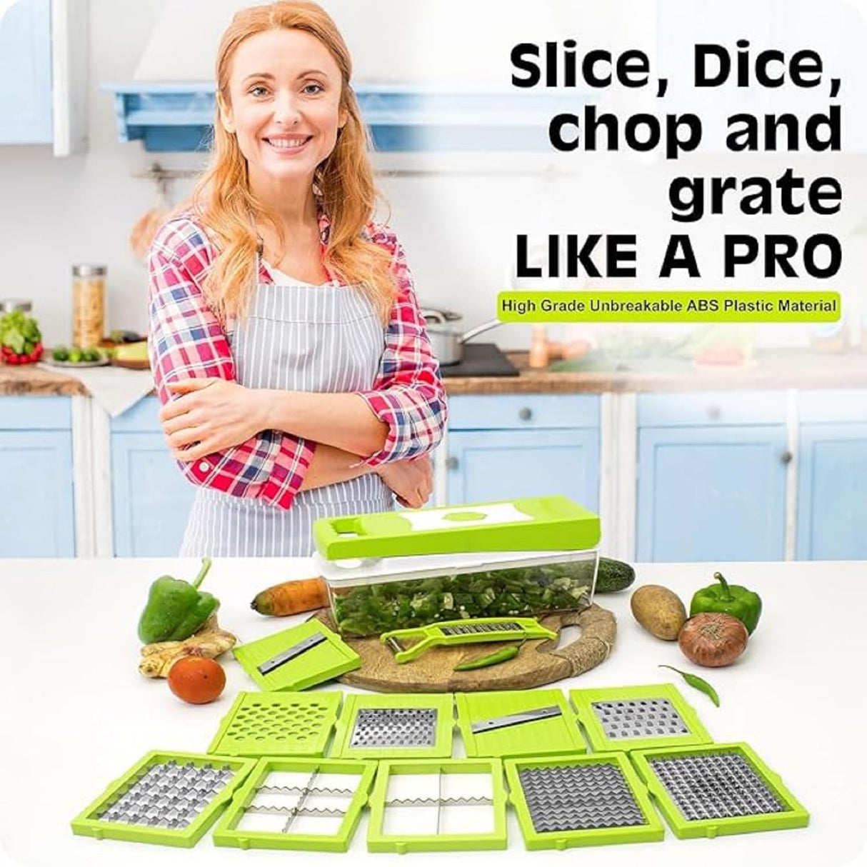 Singhal Multipurpose Chopper, Fruits & Vegetable Cutters, Grater Peeler Chipser, Unbreakable Food Grade Body, Easy Push to Clean Button Slicer Dicer, Chopper for Kitchen (Green, Plastic)