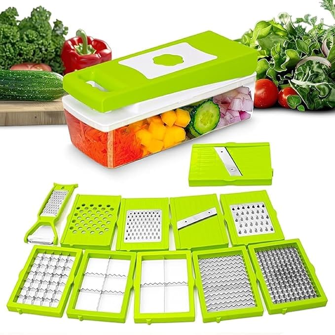 Singhal Multipurpose Chopper, Fruits & Vegetable Cutters, Grater Peeler Chipser, Unbreakable Food Grade Body, Easy Push to Clean Button Slicer Dicer, Chopper for Kitchen (Green, Plastic)