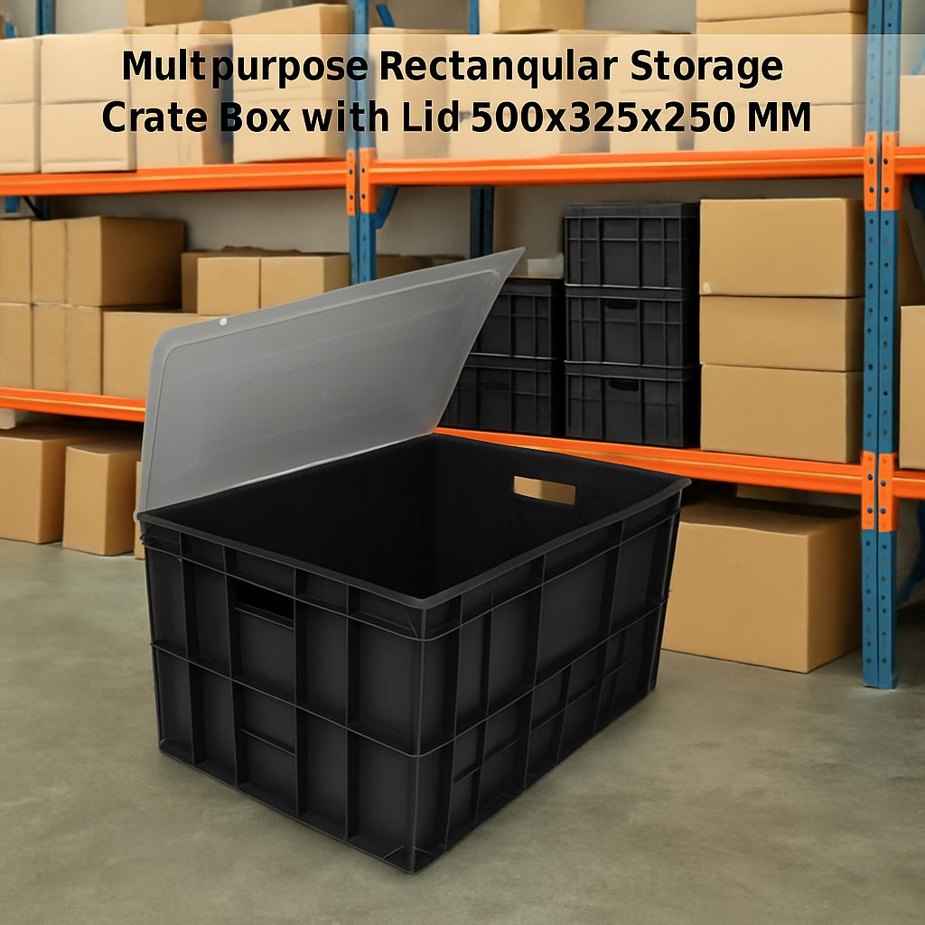 Singhal Black Plastic Crate with lid - Multipurpose Storage Basket Bin with lid (500x325x250 MM)