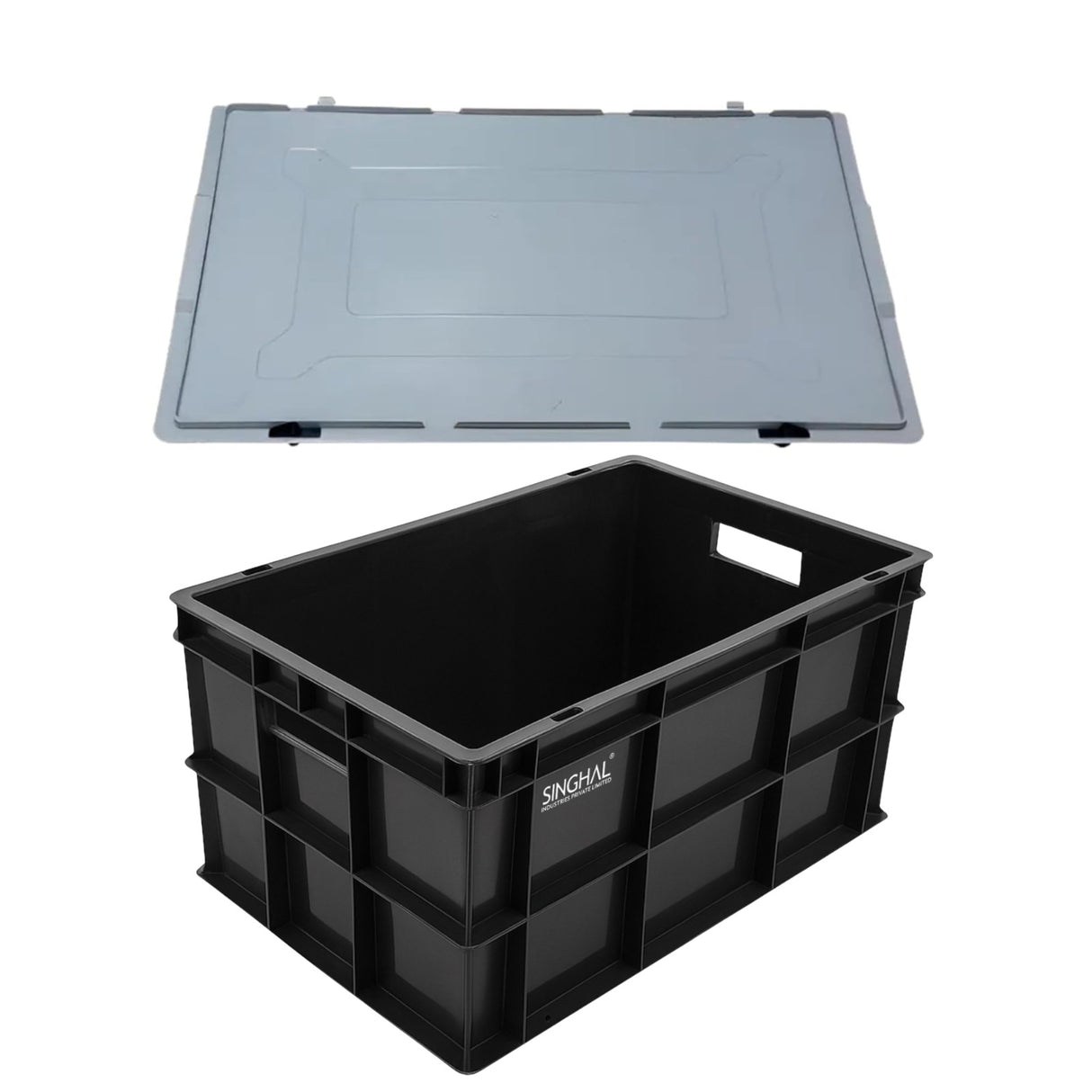 Singhal Black Plastic Crate with lid - Multipurpose Storage Basket Bin with lid (500x325x250 MM)