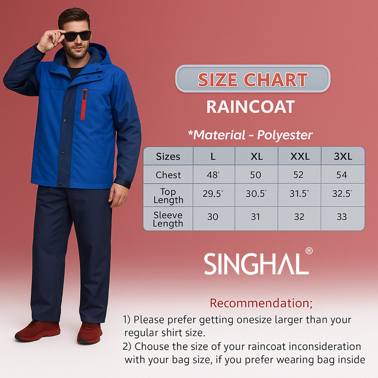 SINGHAL Men Waterproof Raincoat Set with Pants | Full Sleeves Jacket | Double Layered, Hooded | Lightweight & Breathable | Rain Coat Size: L, XL, XXL | Perfect for Monsoon