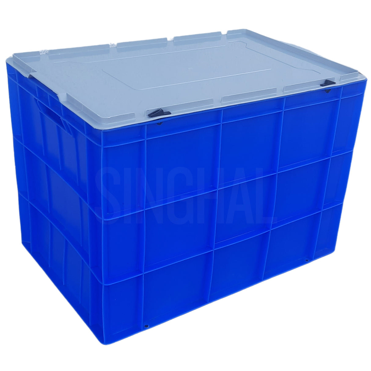 SINGHAL Blue Plastic Crate with Lid 600x400x425 MM, Heavy Duty Multipurpose Portable Storage Basket for Vegetables, Fruits, Milk & Large Items
