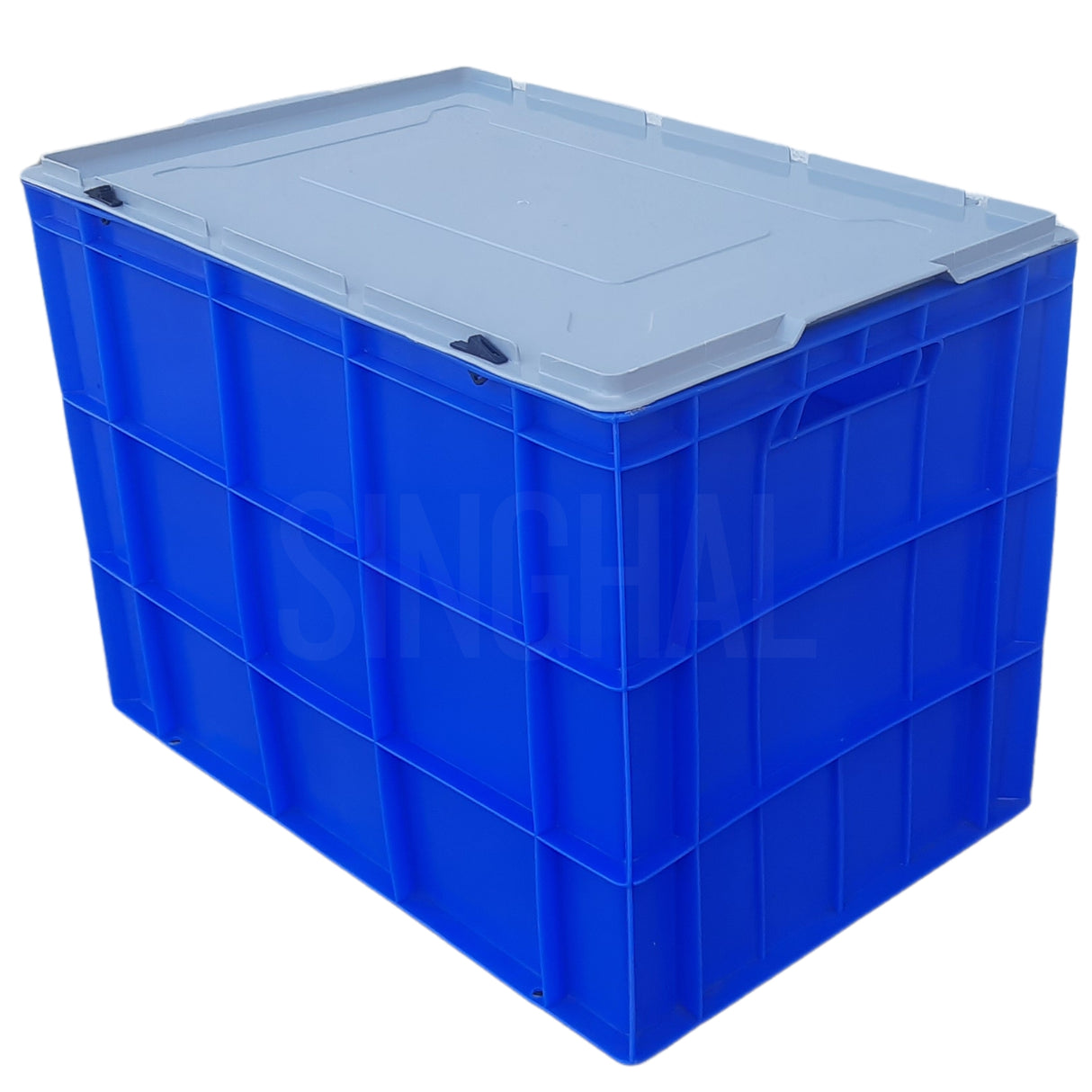 SINGHAL Blue Plastic Crate with Lid 600x400x425 MM, Heavy Duty Multipurpose Portable Storage Basket for Vegetables, Fruits, Milk & Large Items