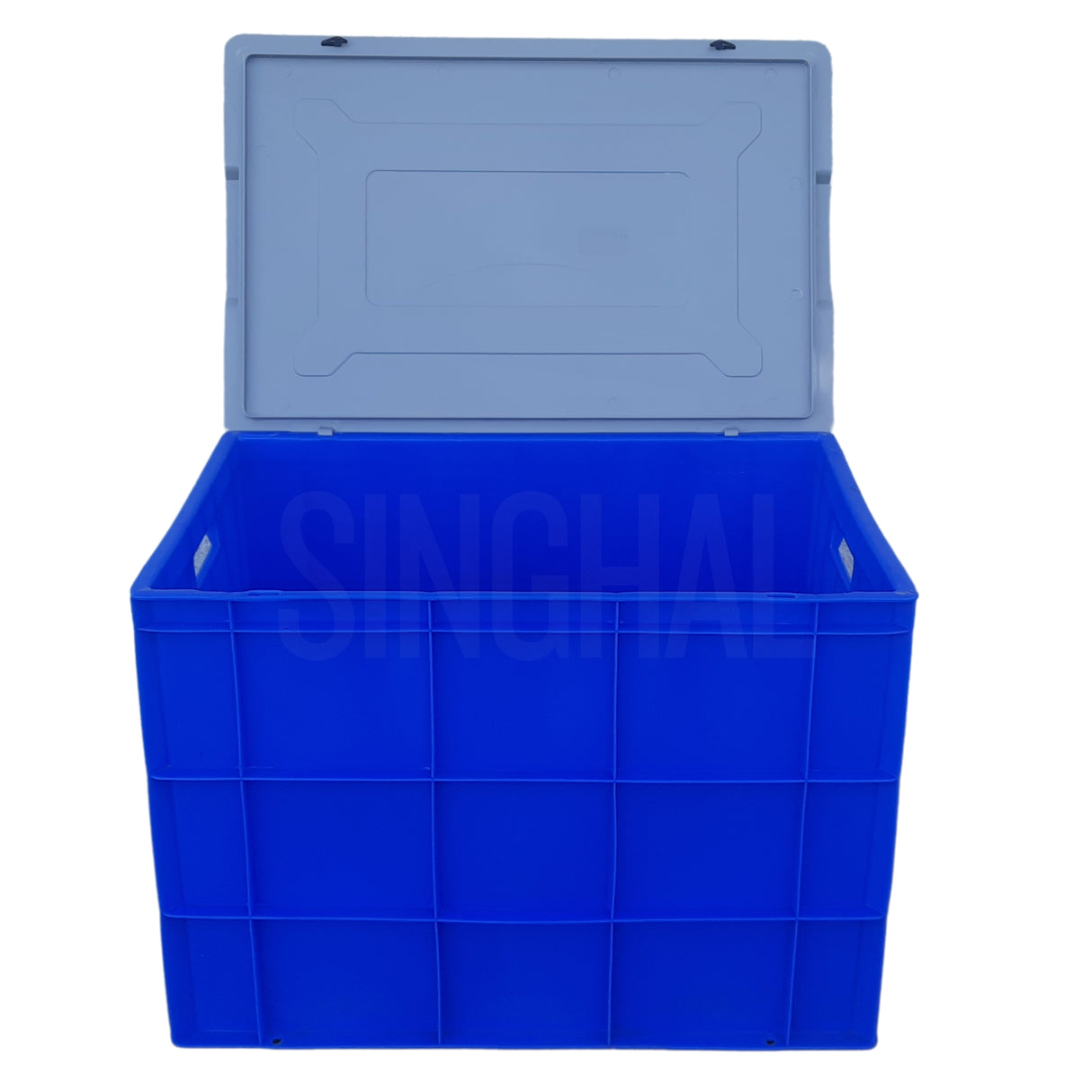 SINGHAL Blue Plastic Crate with Lid 600x400x425 MM, Heavy Duty Multipurpose Portable Storage Basket for Vegetables, Fruits, Milk & Large Items