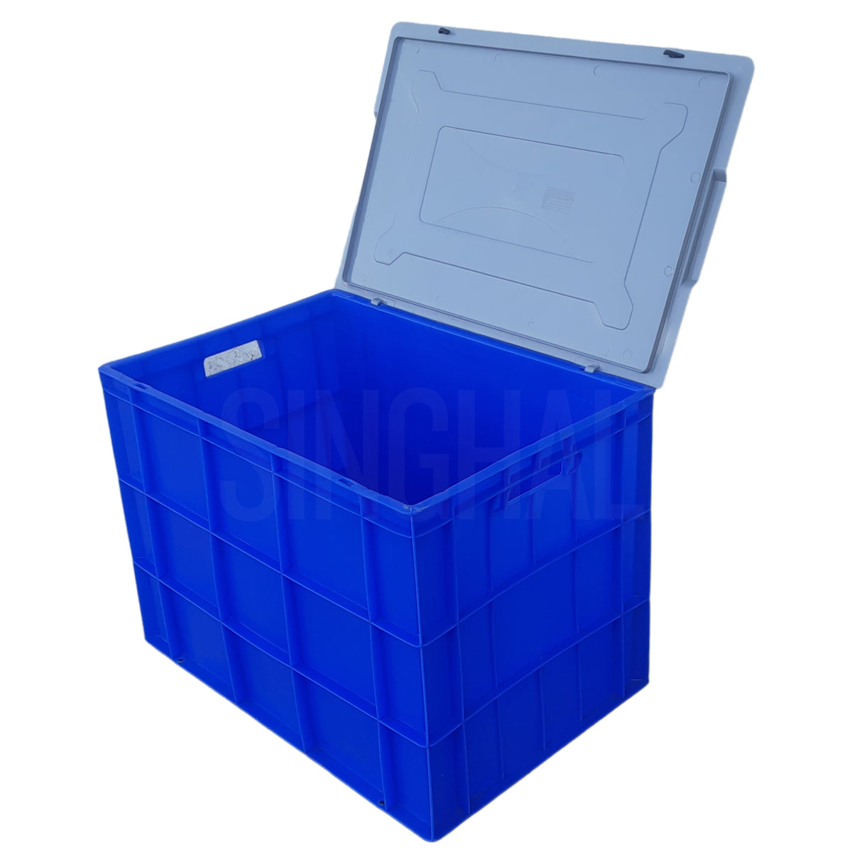 SINGHAL Blue Plastic Crate with Lid 600x400x425 MM, Heavy Duty Multipurpose Portable Storage Basket for Vegetables, Fruits, Milk & Large Items