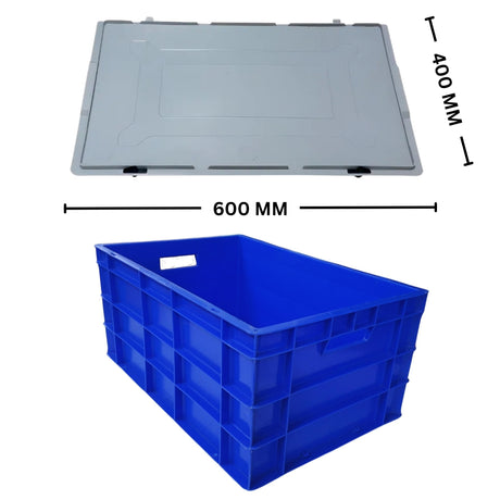 SINGHAL Blue Plastic Crate with Lid 600x400x285 MM, Heavy Duty Multipurpose Portable Storage Basket for Vegetables, Fruits, Milk & Large Items