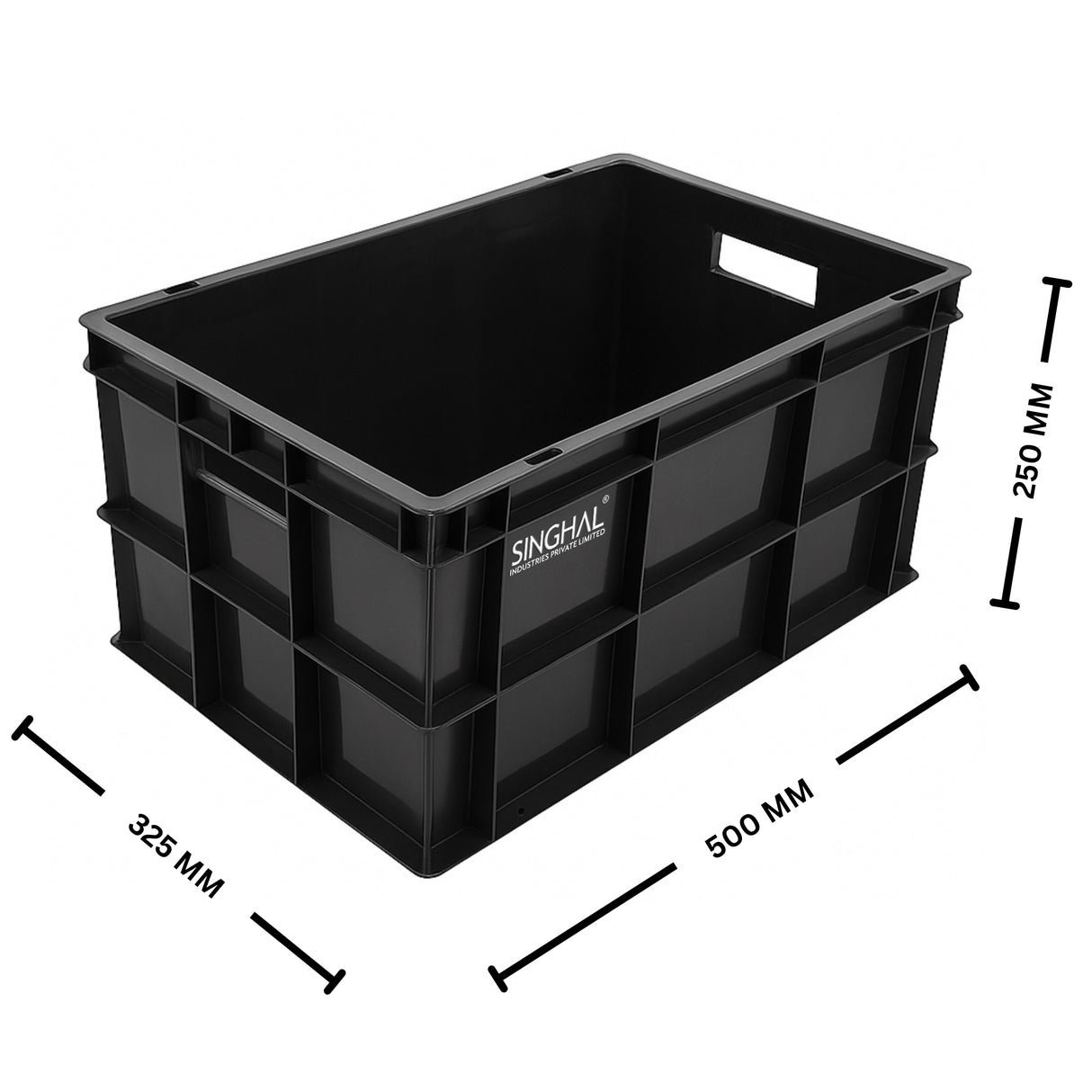 Singhal Black Plastic Crate - Multipurpose Storage Basket Bin (500x325x250 MM) - Made from Recyclable Plastic