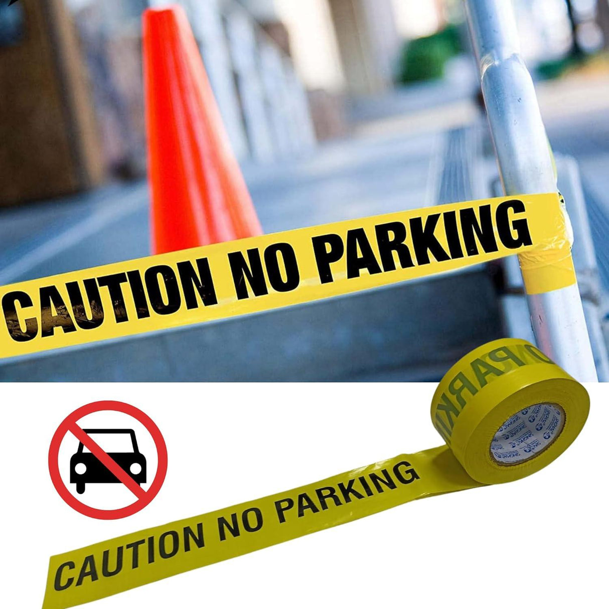 No Parking Caution Tape Roll – 3 Inch x 300 Meter, Pack of 2. High-Visibility Bright Yellow with Bold Black Print. Waterproof Warning Tape - Singhal Mart