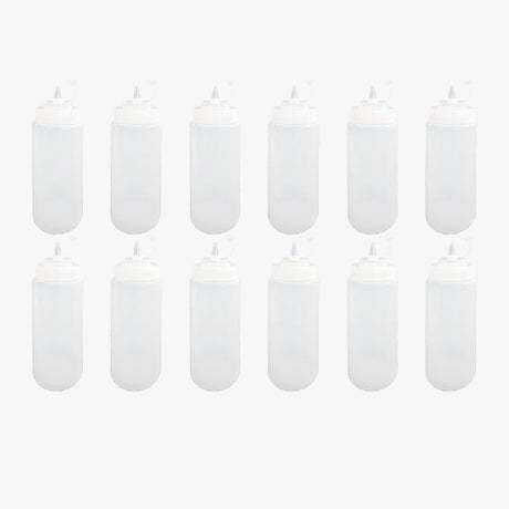 Set of 12 plastic squeeze bottles with caps, perfect for ketchup, mustard, and sauces. Each bottle holds 150 ML for easy dispensing - Singhal Mart
