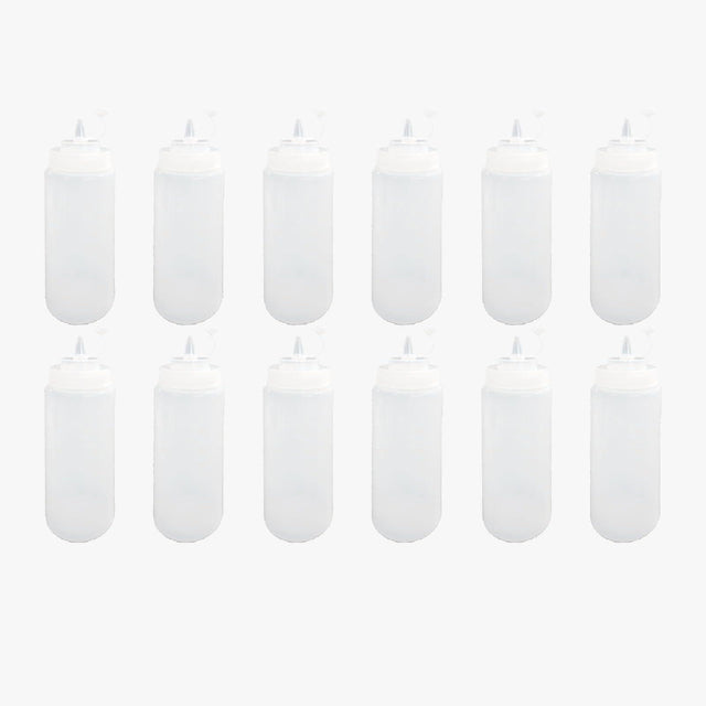 Set of 12 plastic squeeze bottles with caps, perfect for ketchup, mustard, and sauces. Each bottle holds 150 ML for easy dispensing - Singhal Mart